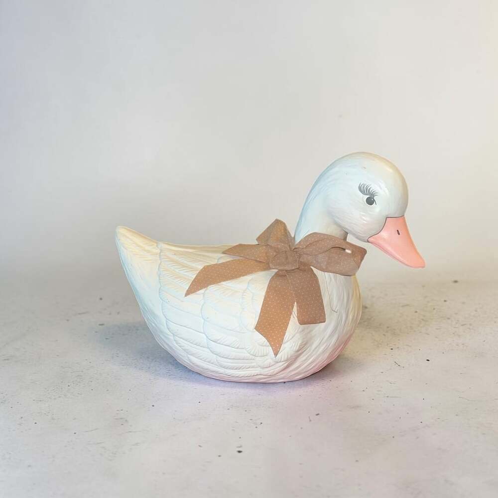 Vintage Ceramic White Duck Goose Figurine with Ribbon Bow Decor